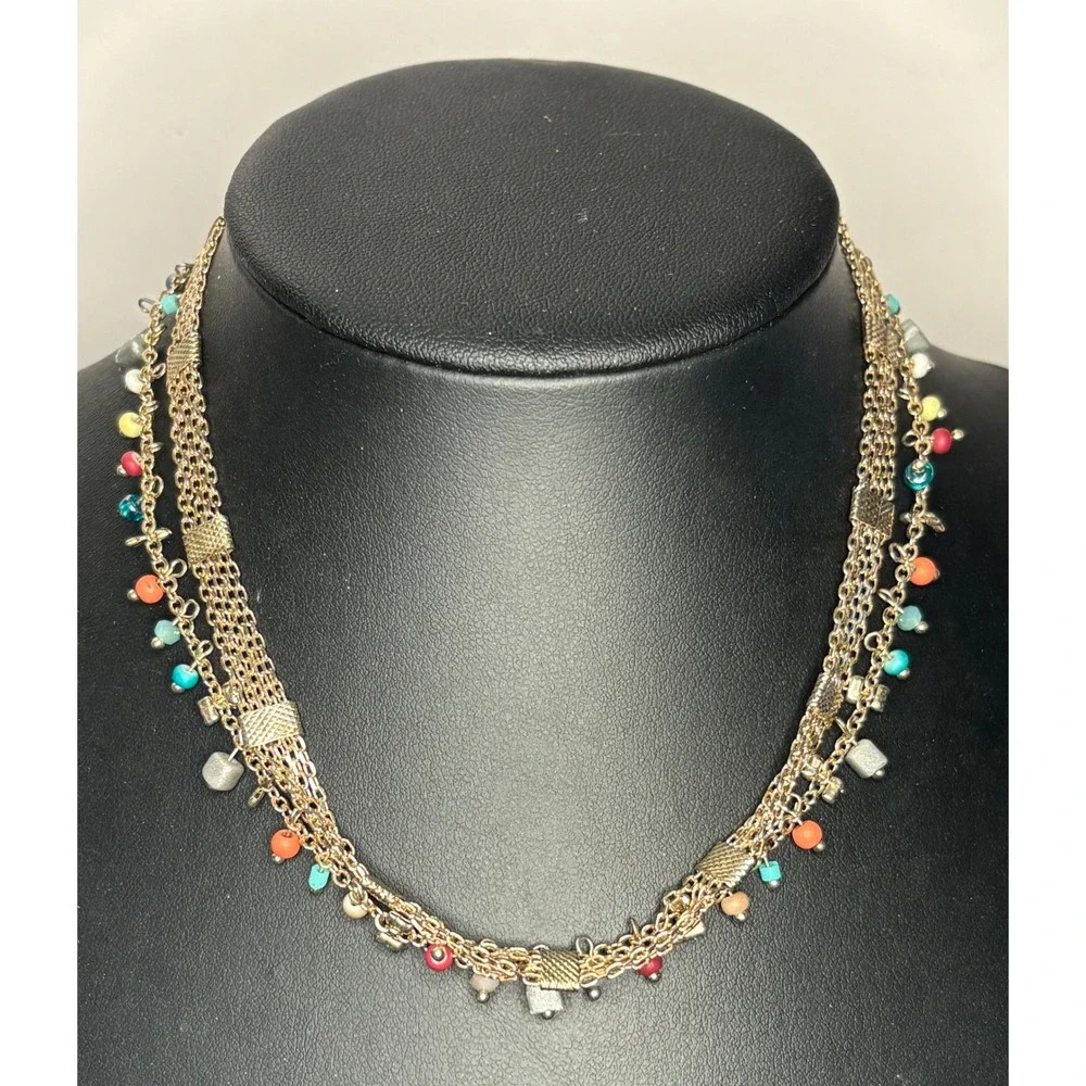 Vintage Express Gold Tone Multi Strand Beaded Tassel Fringe Necklace 15